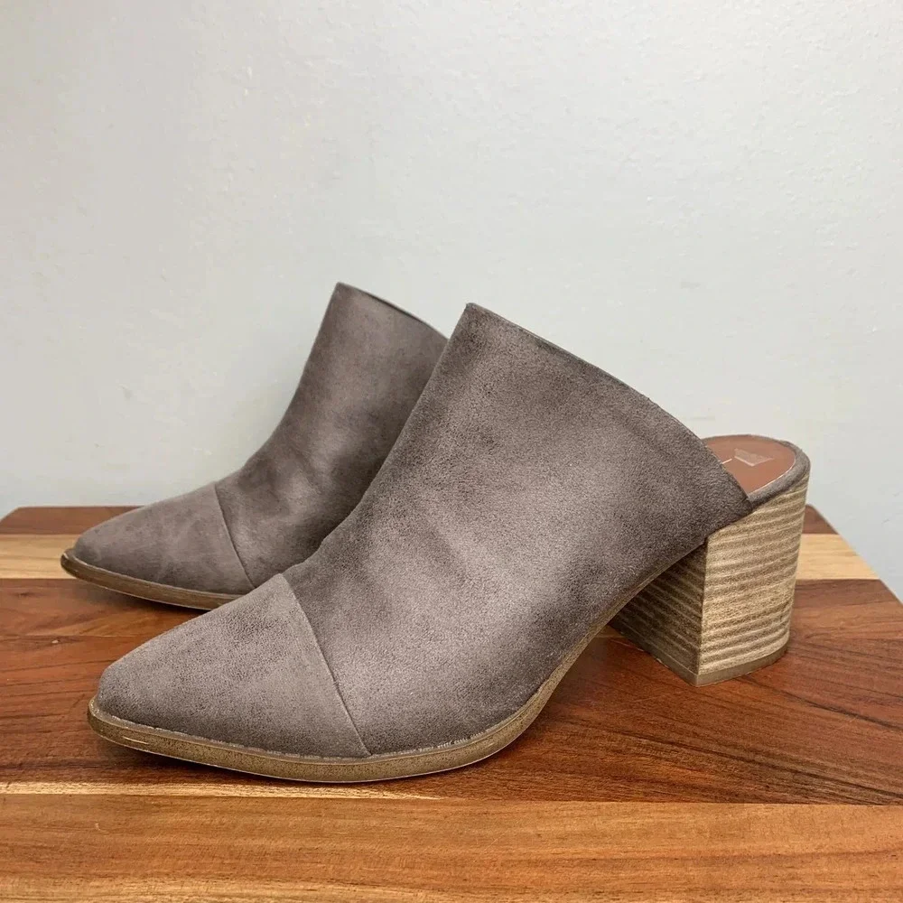 Report Tisha Faux Suede Leather Mules Clogs Pointed Toe Gray Taupe Shoes sz 7.5